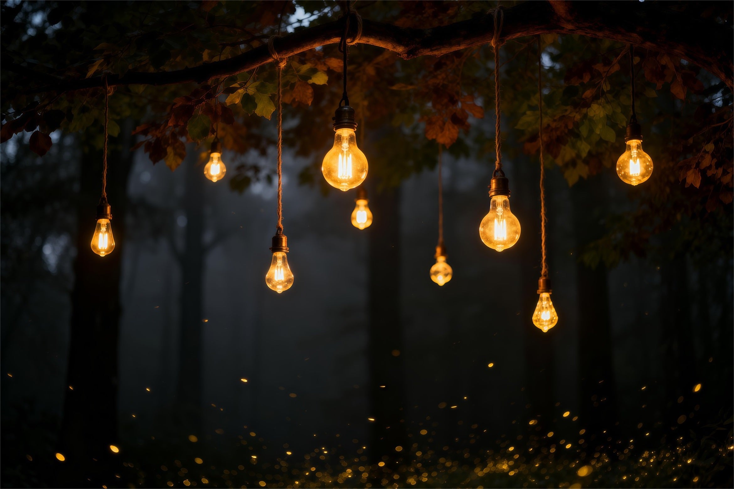 Photo Backdrop Forest Warm Hanging Bulbs Autumn Night Forest Photo Booth Backdrop RR63-137