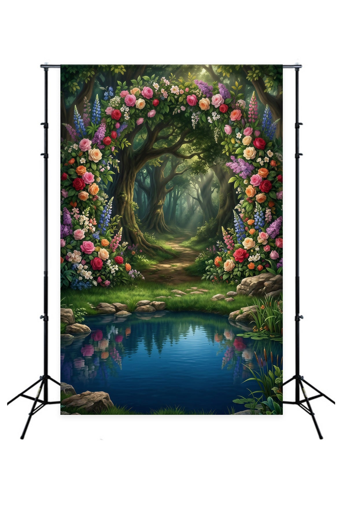 Forest Scene Backdrop Floral Arch Lake Reflection Woodland Path Fantasy Forest Backdrop RR63-138