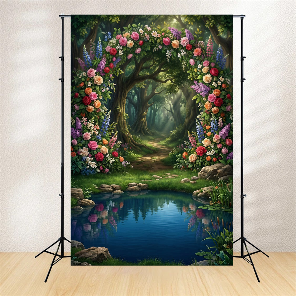 Forest Scene Backdrop Floral Arch Lake Reflection Woodland Path Fantasy Forest Backdrop RR63-138