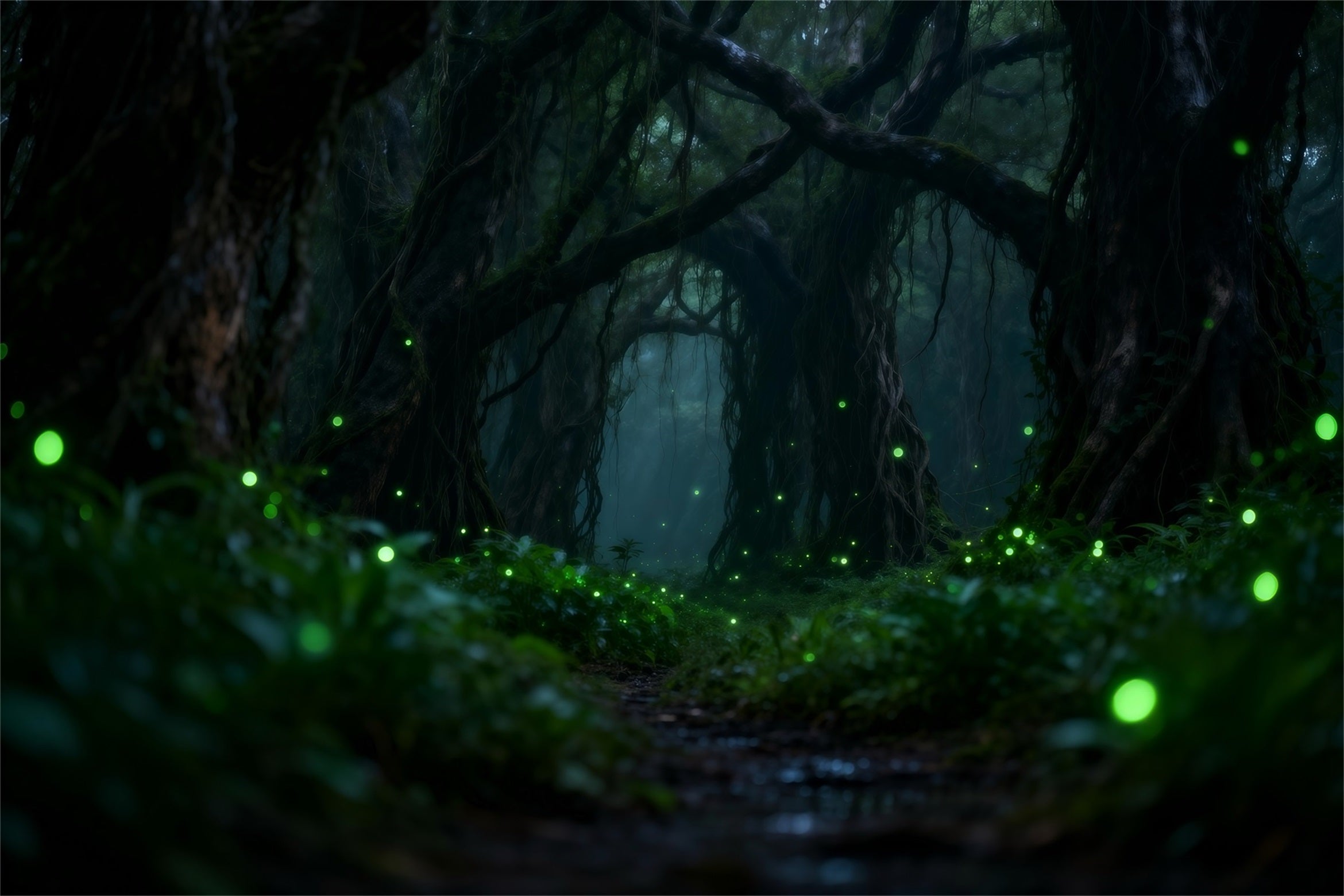 Rainforest Backdrop Dark Enchanted Roots Glowing Fireflies Forest Theme Backdrop RR63-139