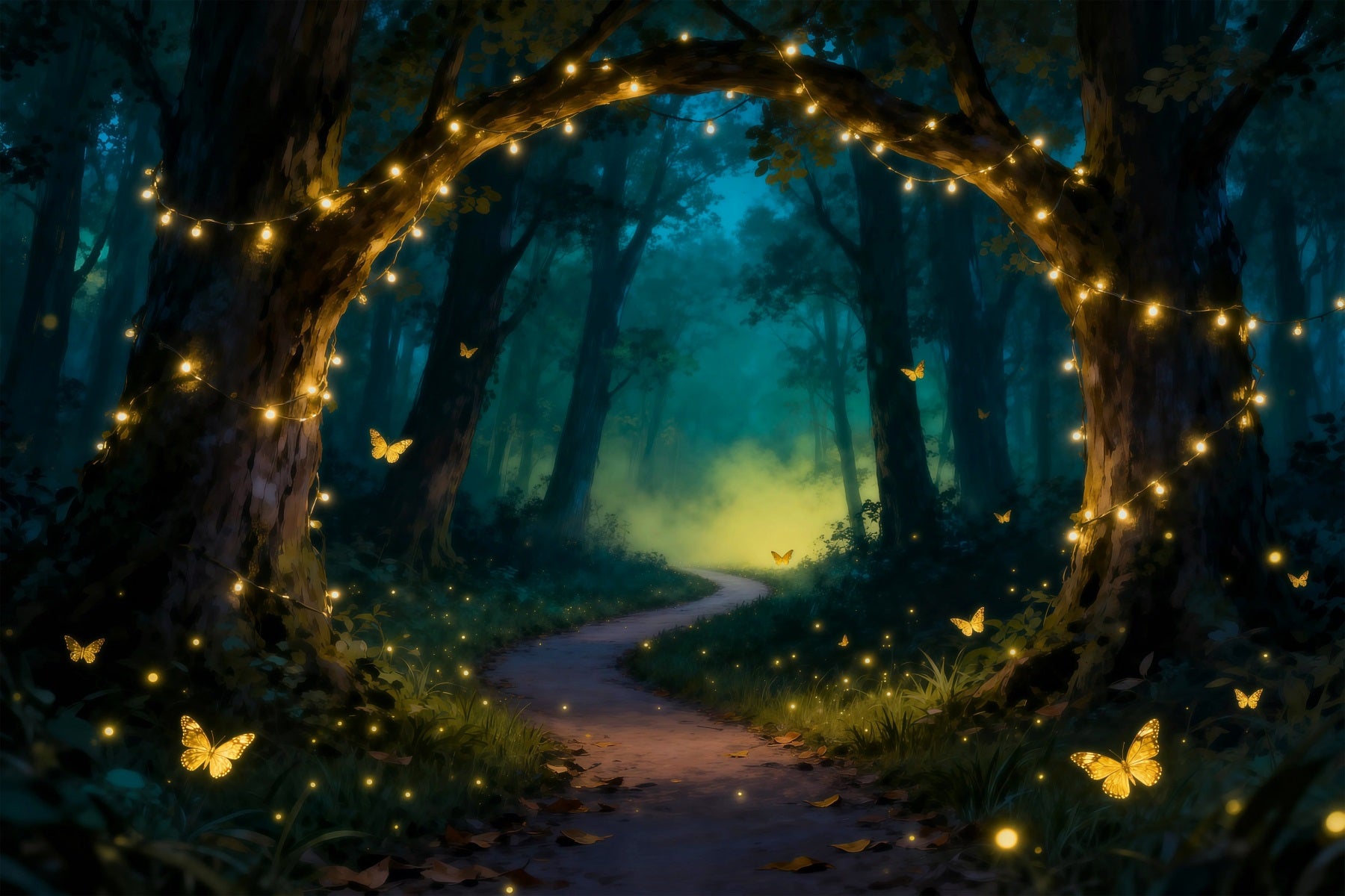 Enchanted Forest Theme Backdrop Golden Light Arch Butterfly Dream Path Forest Backdrop RR63-140