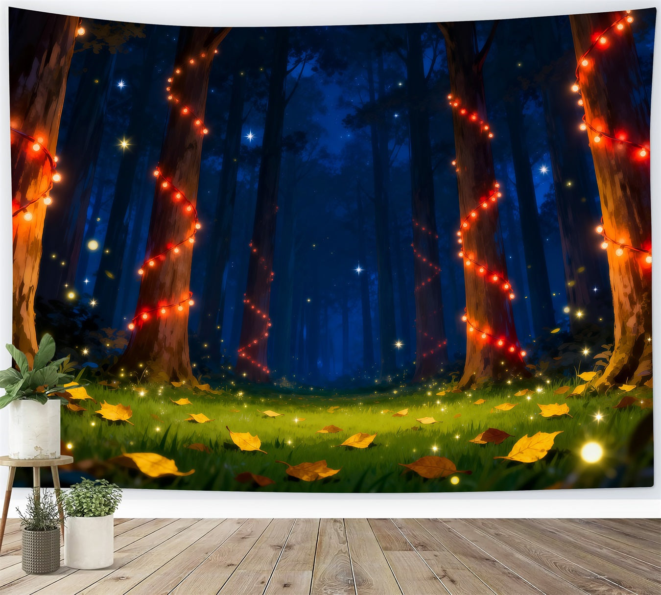 Backdrop Enchanted Forest Red String Lights Night Glowing Trees Night Forest Backdrop RR63-141