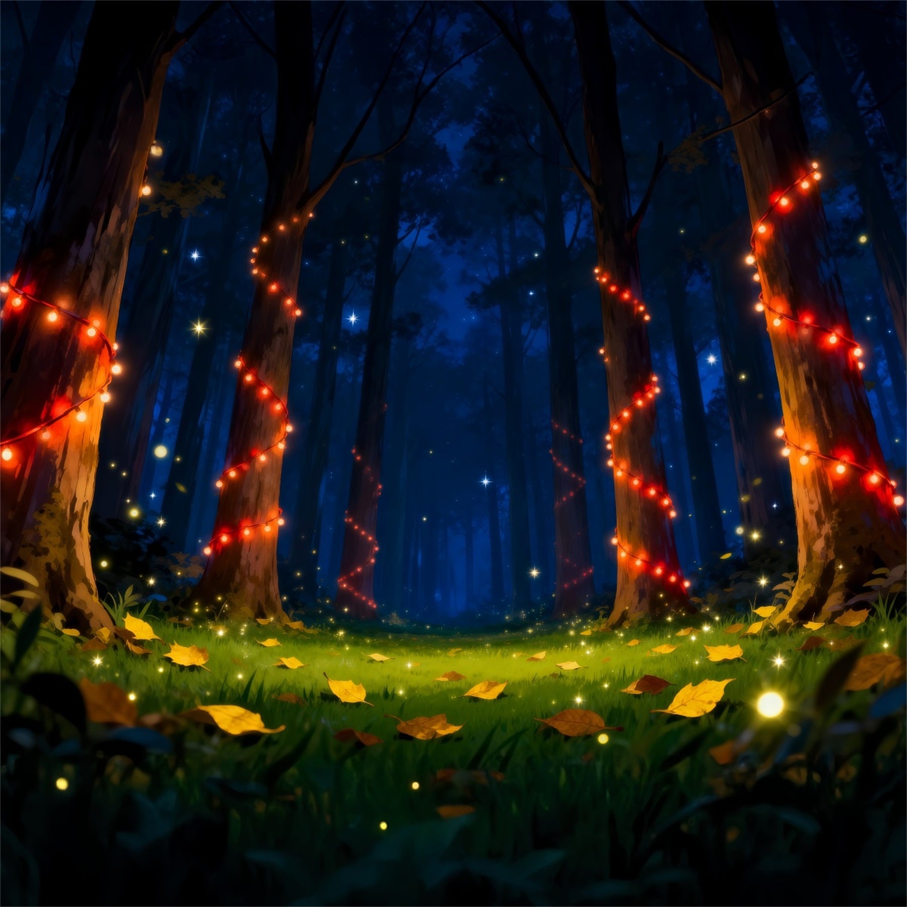 Backdrop Enchanted Forest Red String Lights Night Glowing Trees Night Forest Backdrop RR63-141
