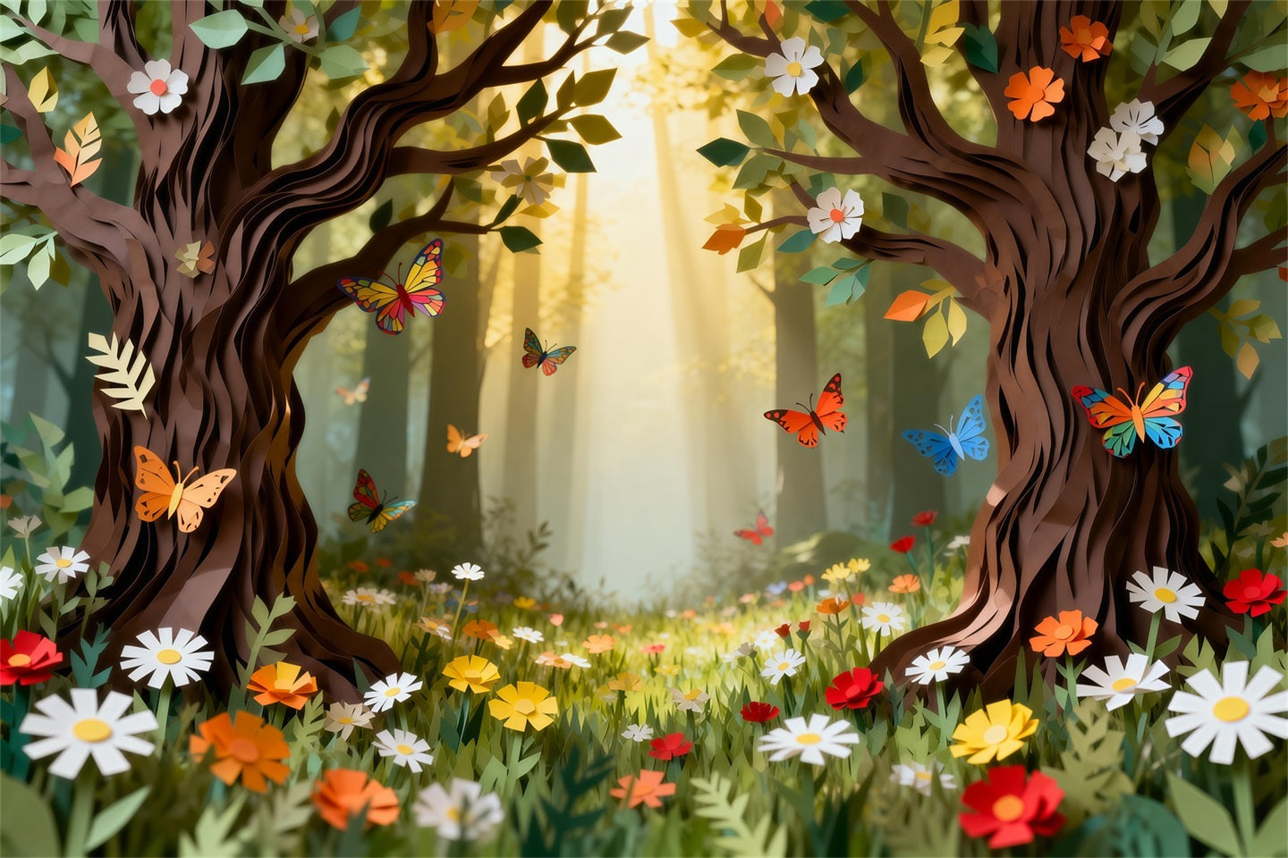Forest Backdrop Cartoon Paper Cut Floral Butterfly Woodland Fairytale Forest Backdrop RR63-143