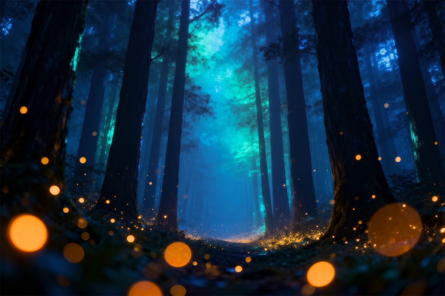 Twilight Forest Backdrop Mystic Blue Fog Firefly Glow Night Forest Backdrop RR63-144