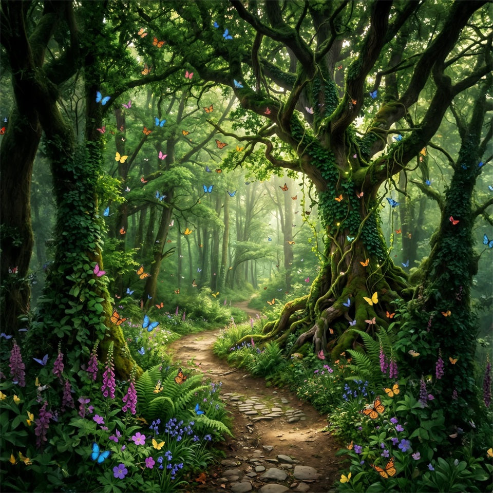 Fairytale Forest Backdrop Butterfly Filled Enchanted Woodland Path Green Forest Backdrop RR63-145