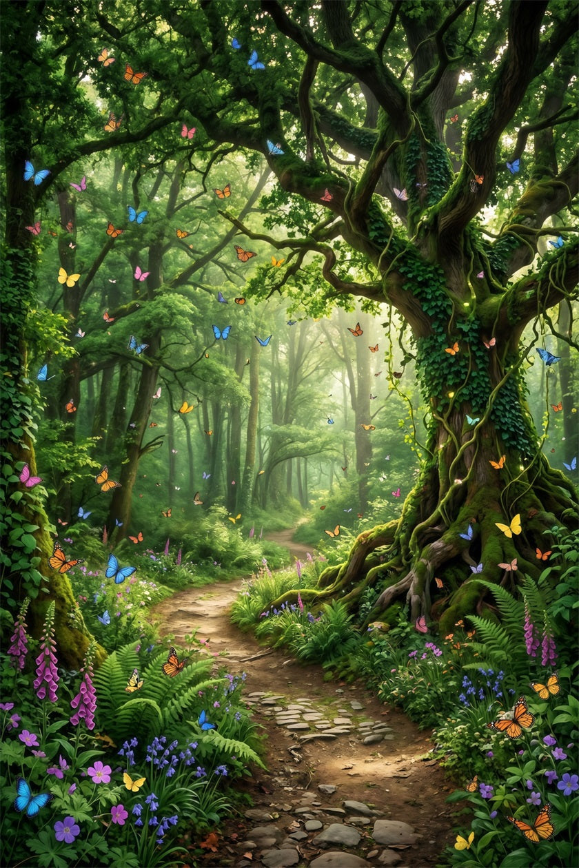 Fairytale Forest Backdrop Butterfly Filled Enchanted Woodland Path Green Forest Backdrop RR63-145