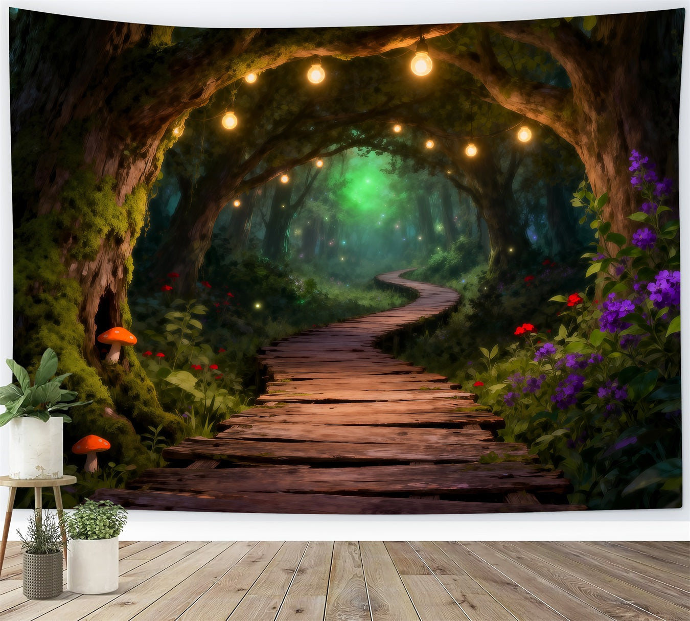 Woodland Forest Backdrop Glowing String Light Wooden Path Tunnel Backdrop Enchanted Forest RR63-146