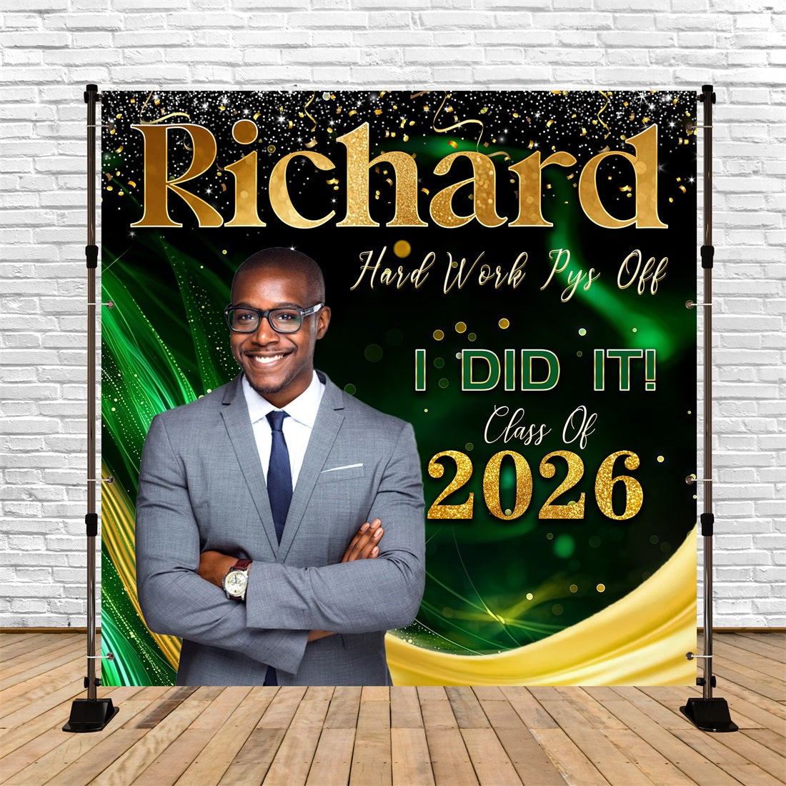 Graduation Party Backdrop Green Gold Sparkle Waves Class Of 2026 Graduation Backdrop RR63-15