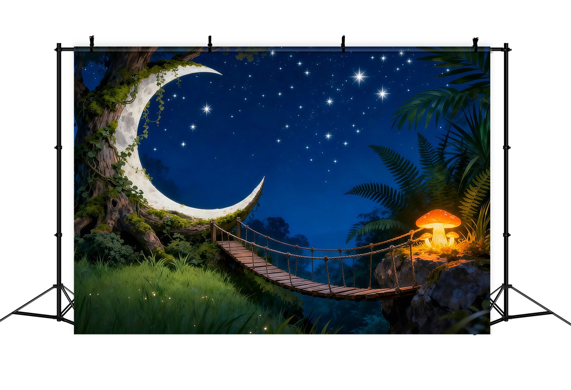 Twilight Forest Backdrop Crescent Moon Bridge Starry Night Forest Themed Backdrop RR63-150