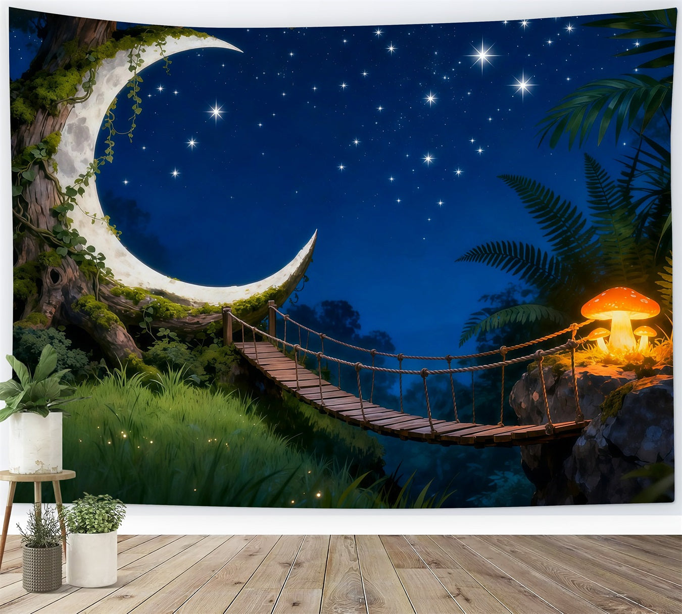 Twilight Forest Backdrop Crescent Moon Bridge Starry Night Forest Themed Backdrop RR63-150