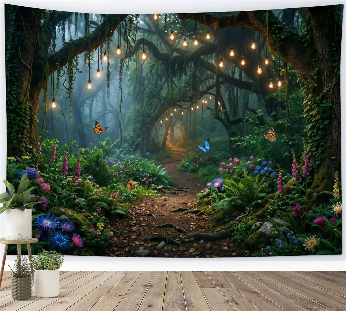 Photography Backdrop Forest Hanging Bulb Woodland Floral Pathway Fantasy Forest Backdrop RR63-152