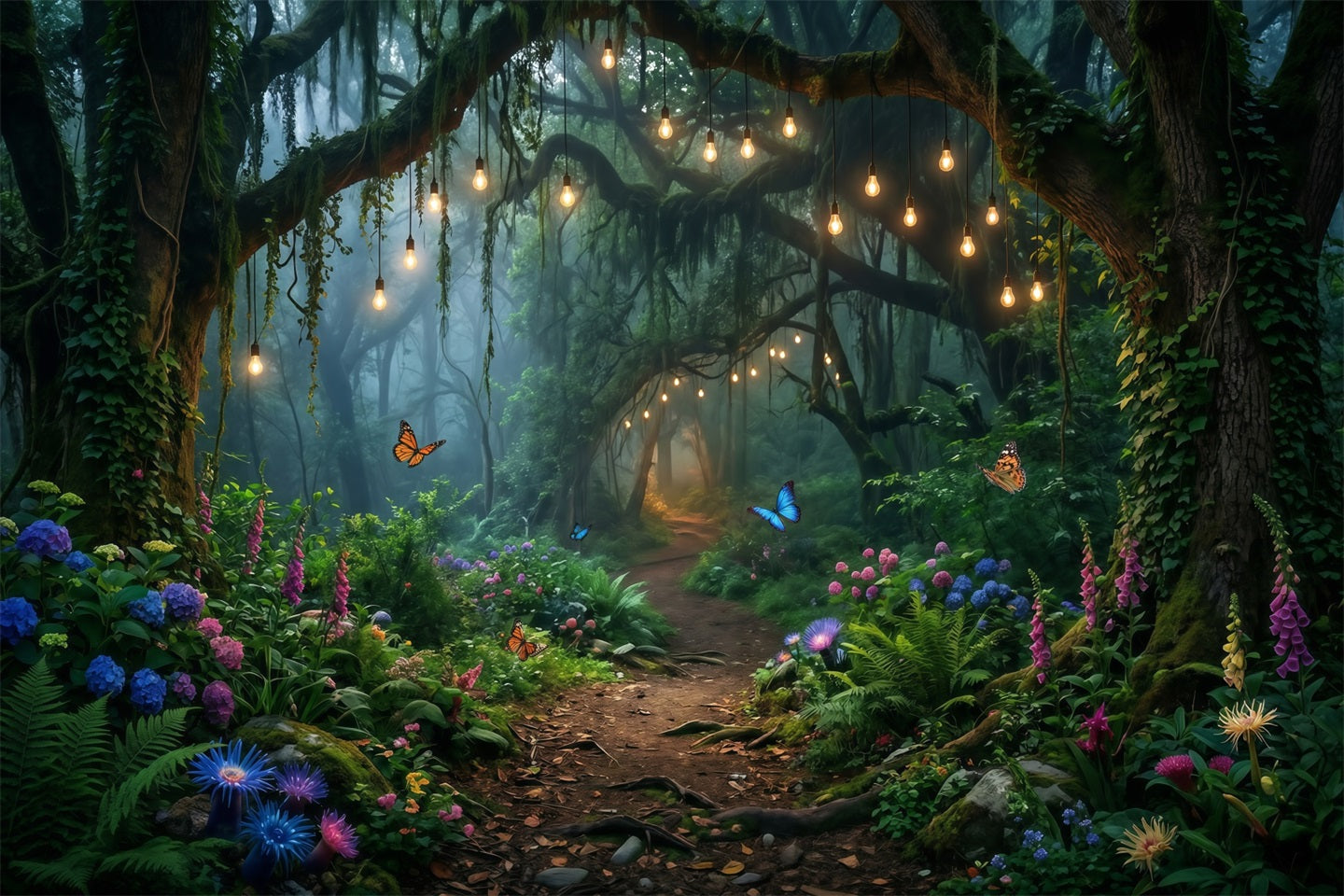 Photography Backdrop Forest Hanging Bulb Woodland Floral Pathway Fantasy Forest Backdrop RR63-152