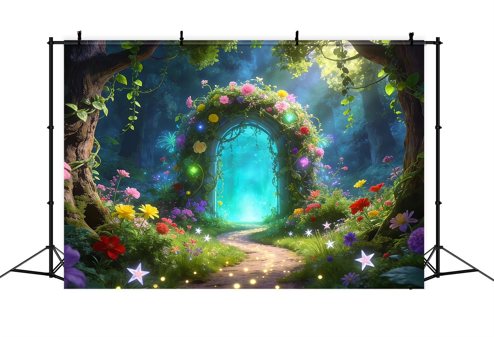 Photography Forest Backdrop Enchanted Floral Arch Glowing Magic Path Forest Green Backdrop RR63-157