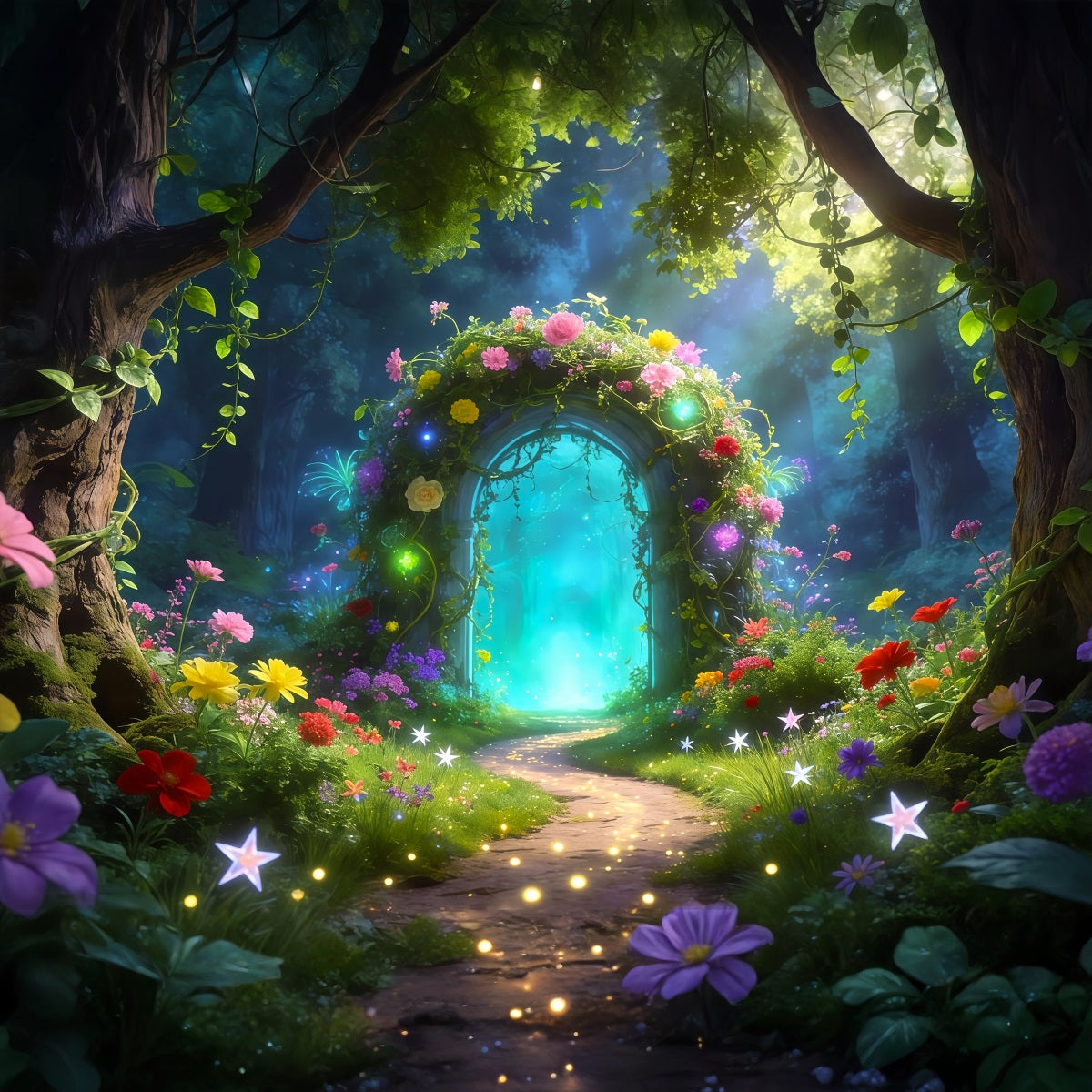 Photography Forest Backdrop Enchanted Floral Arch Glowing Magic Path Forest Green Backdrop RR63-157