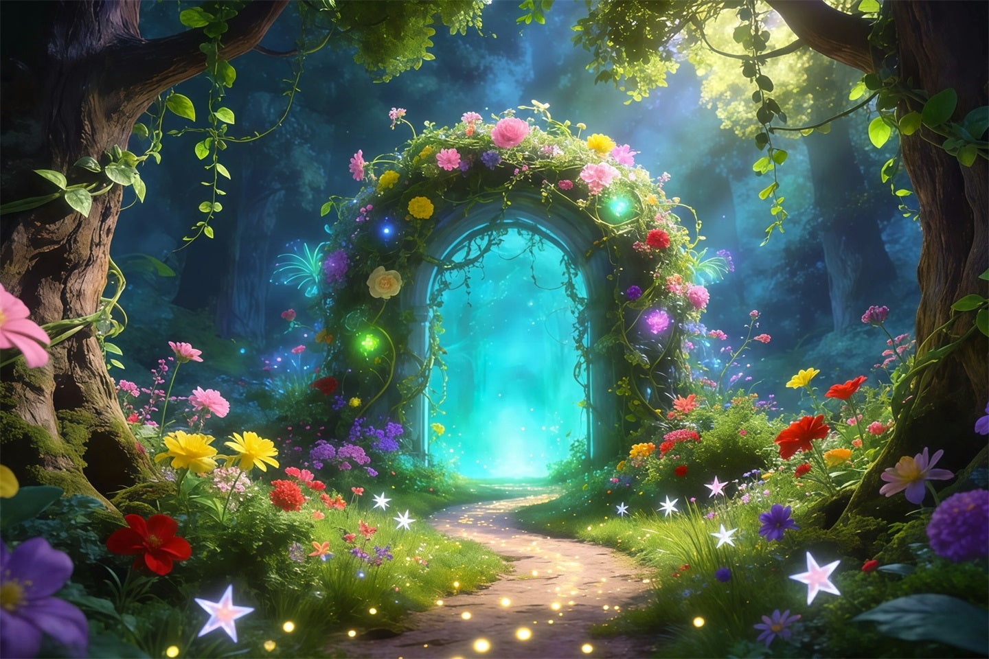 Photography Forest Backdrop Enchanted Floral Arch Glowing Magic Path Forest Green Backdrop RR63-157