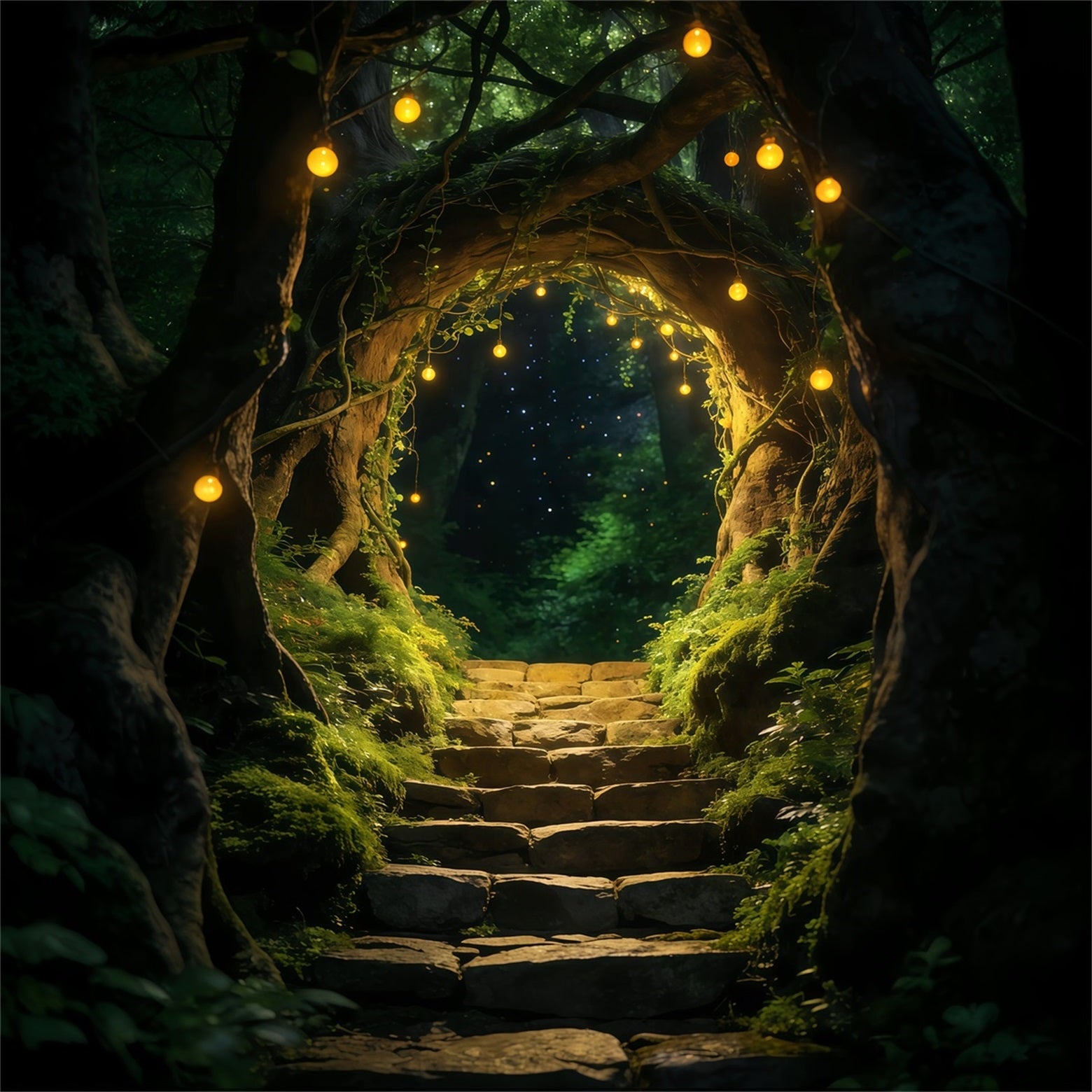 Forest Photo Booth Backdrop Enchanted Tree Arch Golden Hanging Lights Backdrop Forest RR63-163