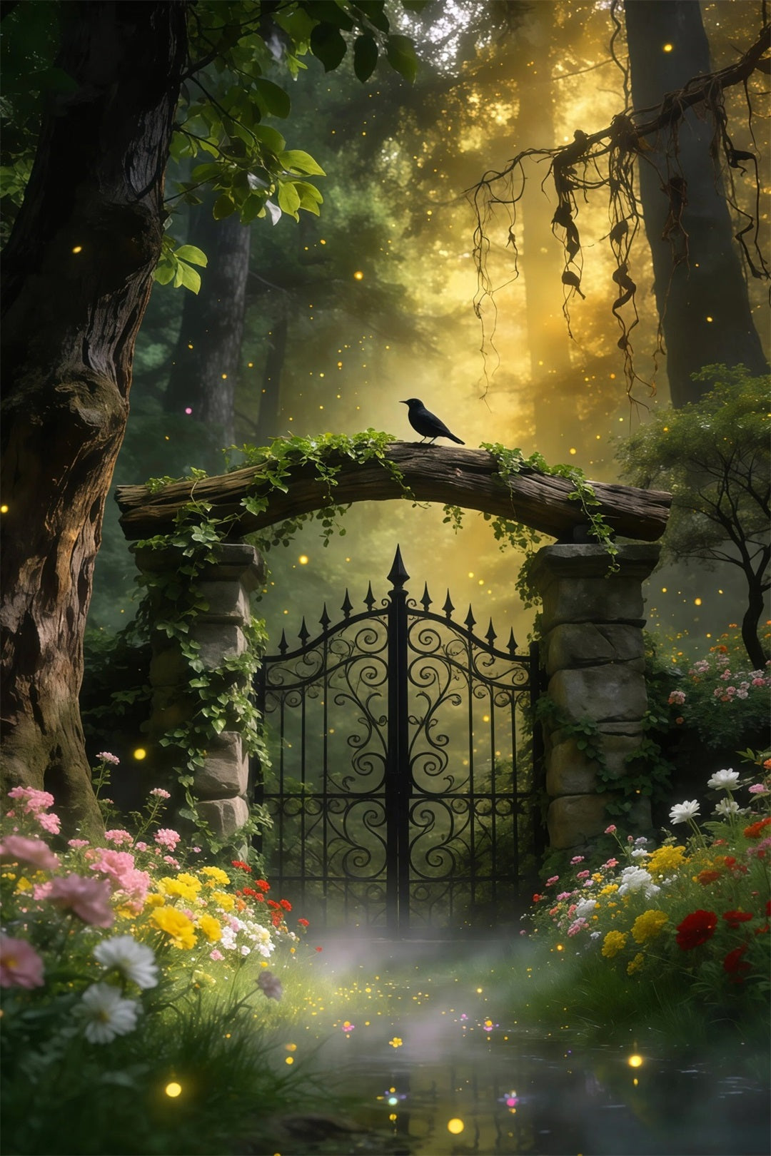 Backdrops Forest Vintage Iron Gate Bird Garden Glow Forest Photography Backdrop RR63-164