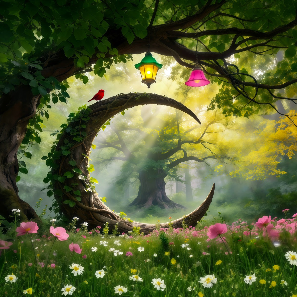 Forest Green Backdrop Curved Vine Arch Red Bird Lanterns Forest Photo Backdrop RR63-166