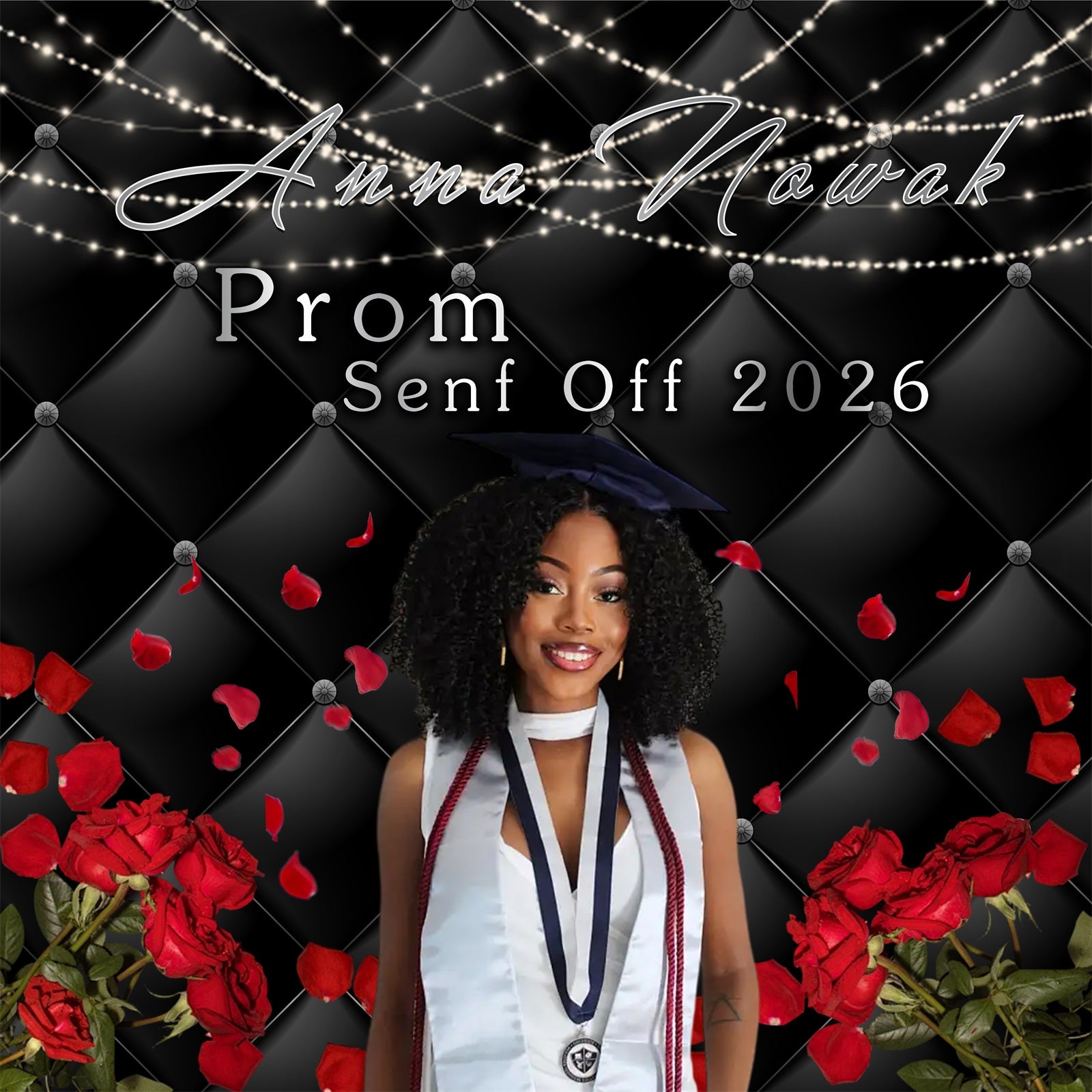Black Prom Backdrop Elegant Rose Petals Lights Prom Send Off Backdrops RR63-38