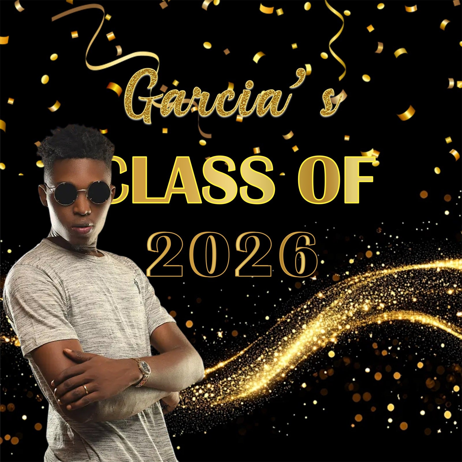 Black Gold Graduation Backdrop Gold Confetti Celebration Moment Graduation Backdrop Design RR63-45
