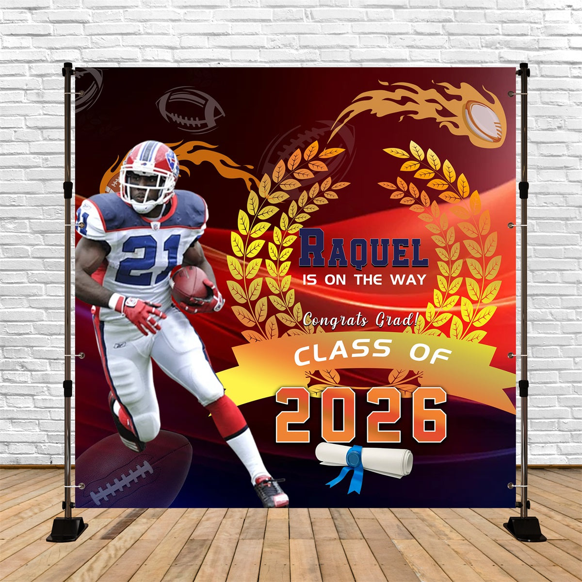 Sports Graduation Backdrop Football Player Victory Moment Graduation Party Backdrops RR63-50