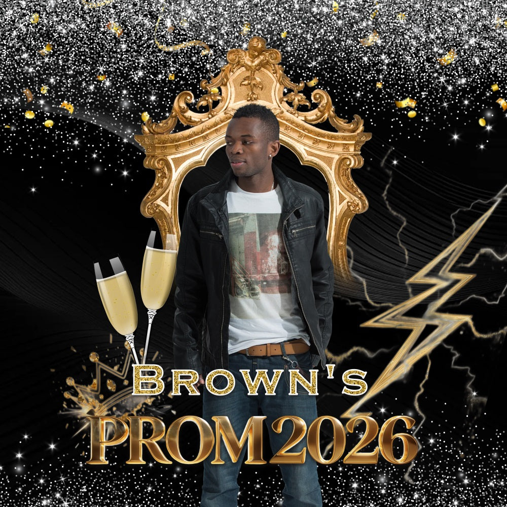 Silver And Black Prom Backdrop Golden Throne Champagne Glasses Prom 2026 Backdrop RR63-64