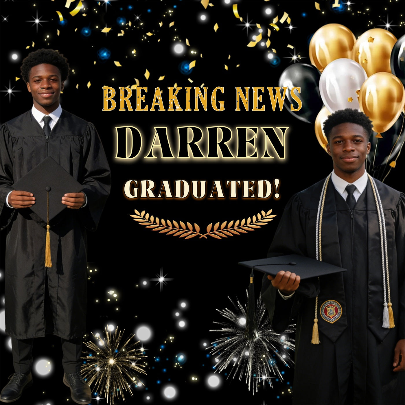 Custom Graduation Backdrop Black Gold Firework Balloon Graduation Party Backdrop RR63-7
