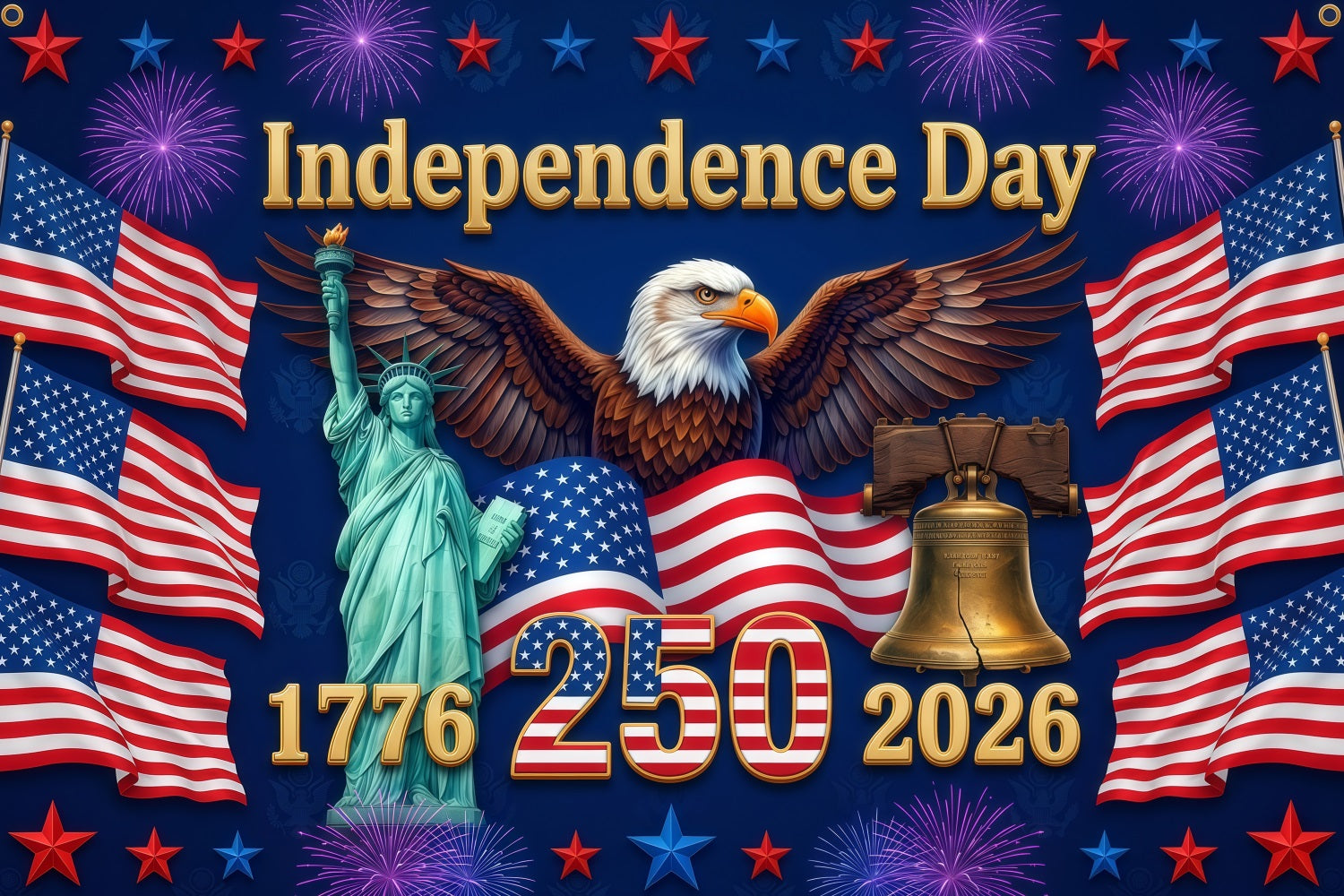America 250th Anniversary Patriotic Backdrop Liberty Eagle Bell Flag Patriotic Independence Day Backdrop RR64-27