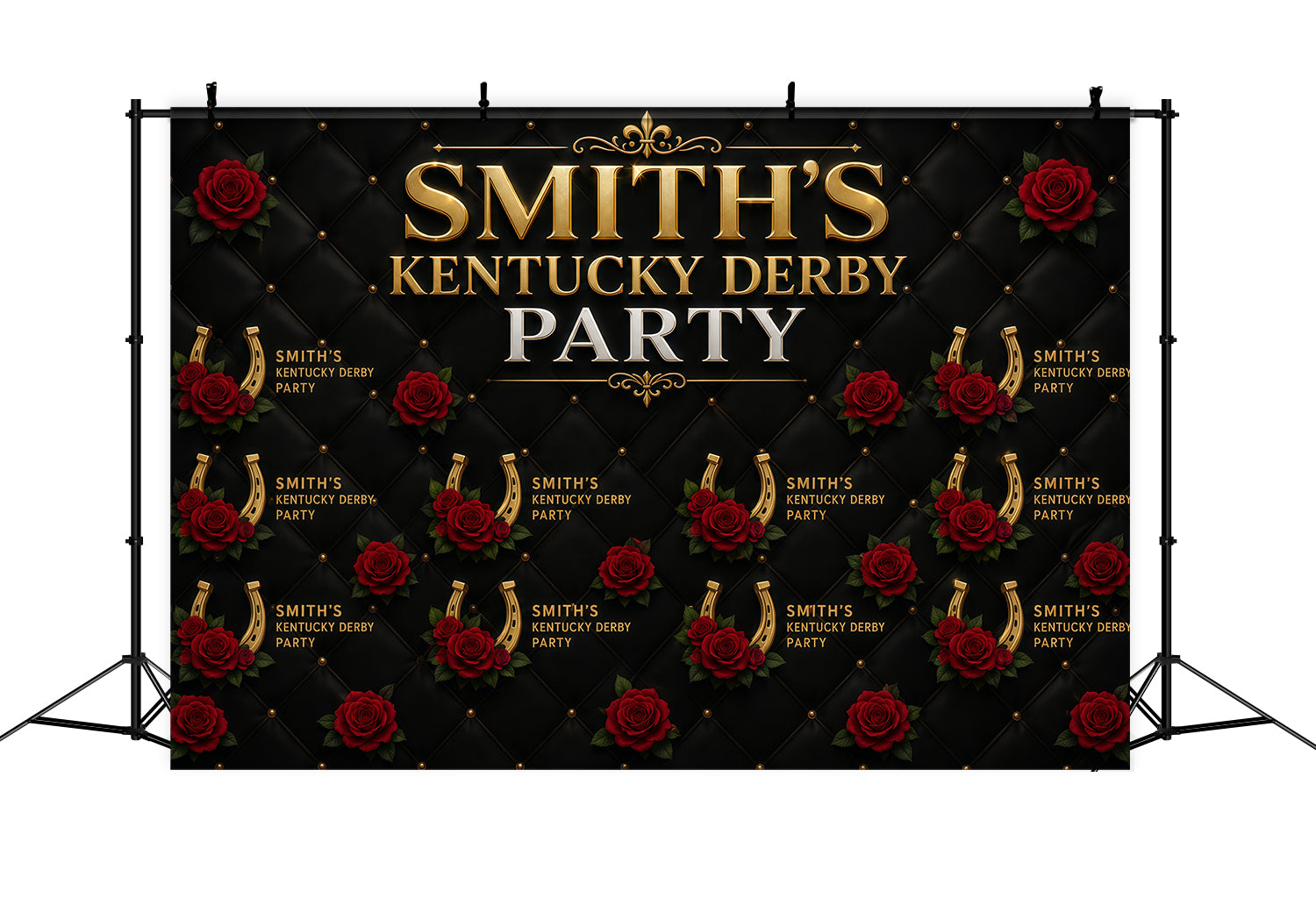 Kentucky Derby Backdrop Black Gold Rose Horseshoe Pattern Kentucky Derby Backdrops RR64-52