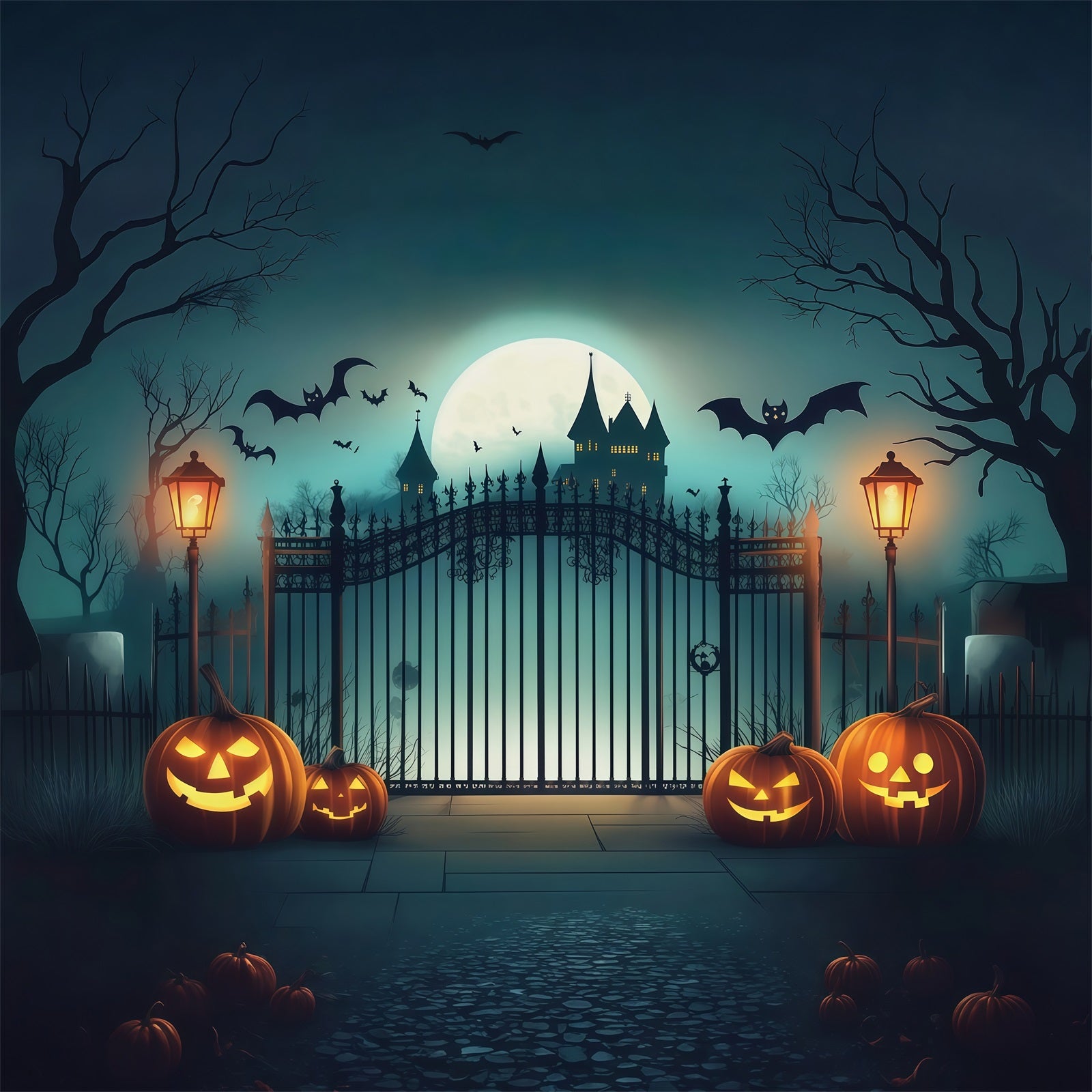 Halloween Backdrop Photo Haunted Castle Gate Pumpkins Halloween Party Backdrop RR67-10