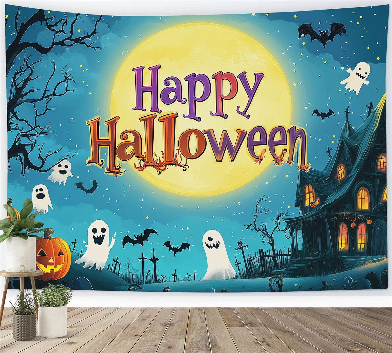 Halloween Party Backdrops Cartoon Moon Ghost House Halloween Photo Booth Backdrop RR67-107