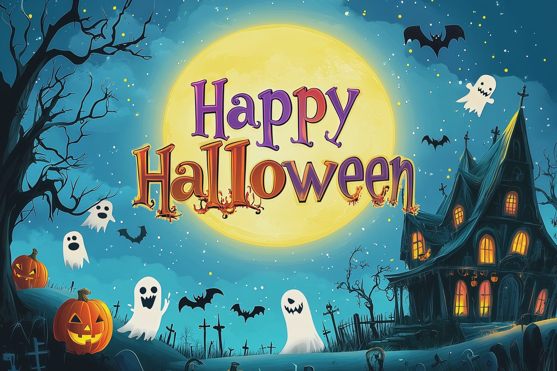 Halloween Party Backdrops Cartoon Moon Ghost House Halloween Photo Booth Backdrop RR67-107