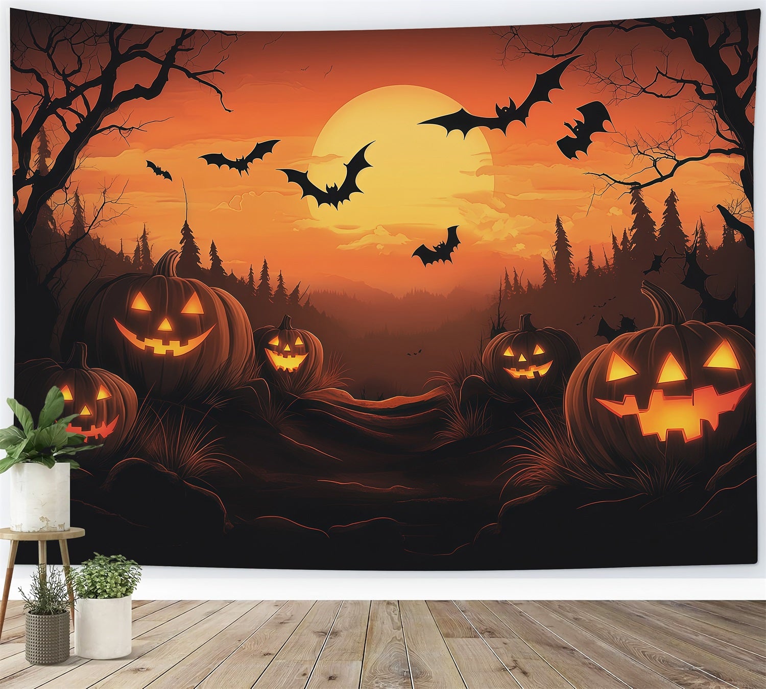 Photo Booth Halloween Backdrop Ideas Sunset Pumpkin Bat Forest Halloween Picture Backdrop RR67-115