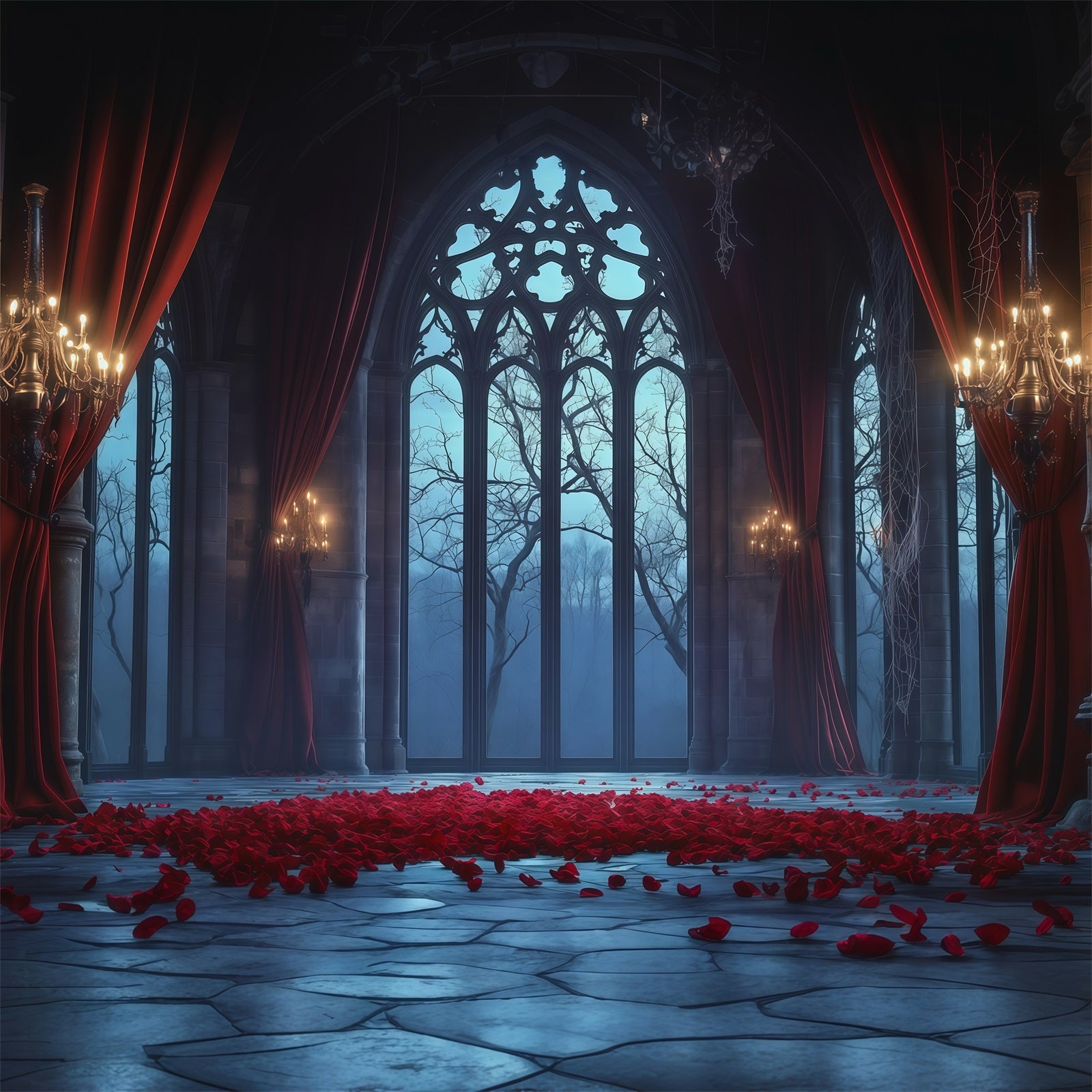 Halloween Castle Backdrop Gothic Rose Window Hall Large Halloween Backdrop RR67-116