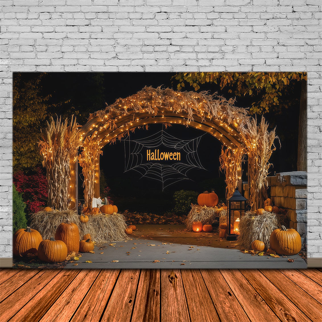 Fall Halloween Backdrop Harvest Hay Pumpkin Arch Scary Halloween Backdrops RR67-117
