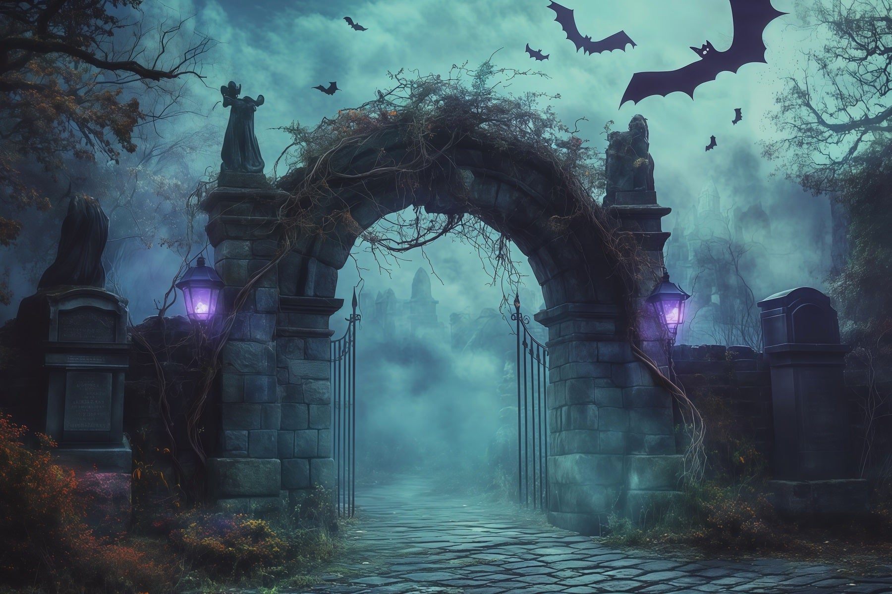 Halloween Backdrop Outdoor Foggy Cemetery Stone Arch Photo Backdrop Halloween RR67-121