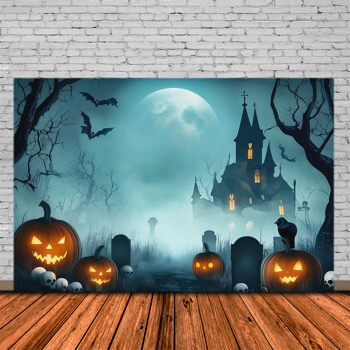Halloween Garage Backdrop Misty Pumpkin Haunted House Backdrops For Halloween RR67-125