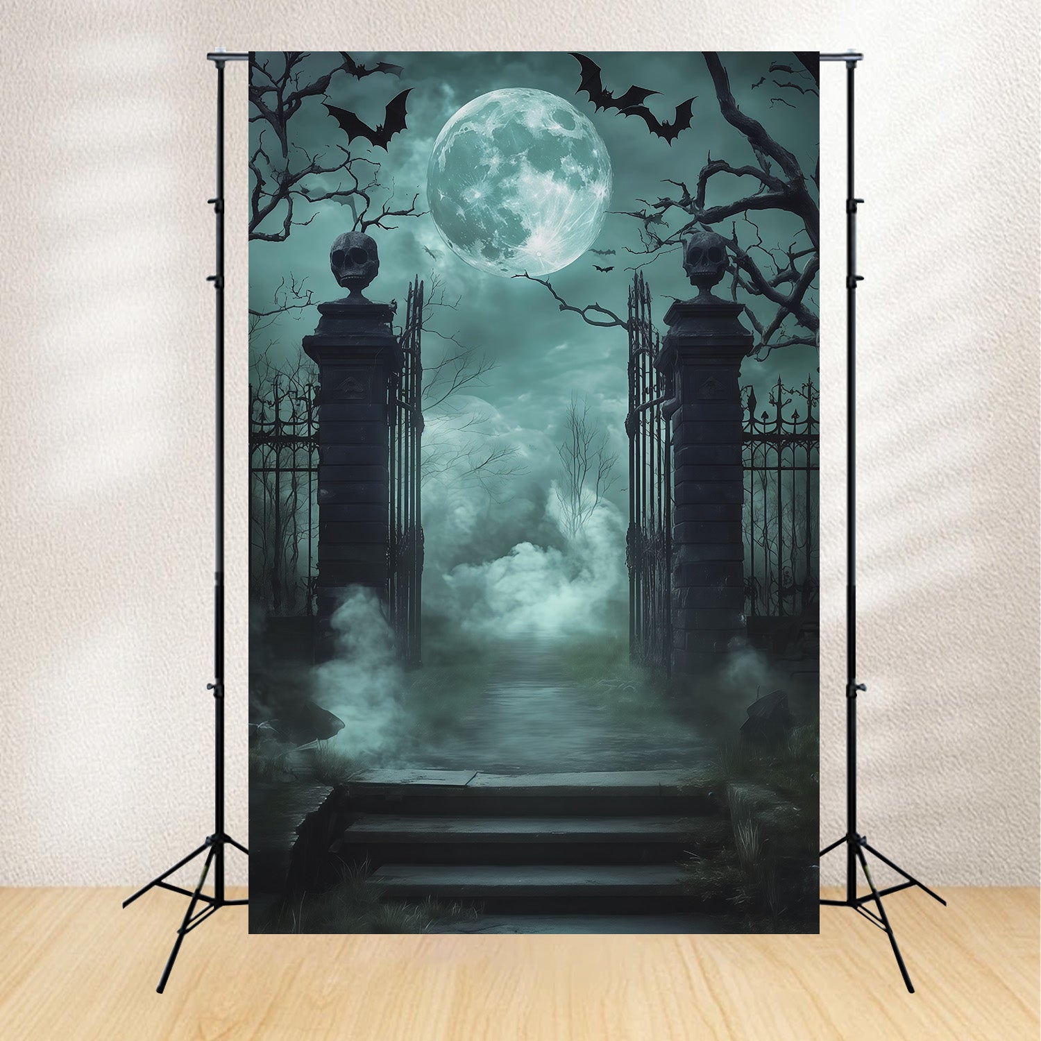 Scary Halloween Backdrop Ideas Skull Gate Foggy Cemetery Halloween Photoshoot Backdrop RR67-128