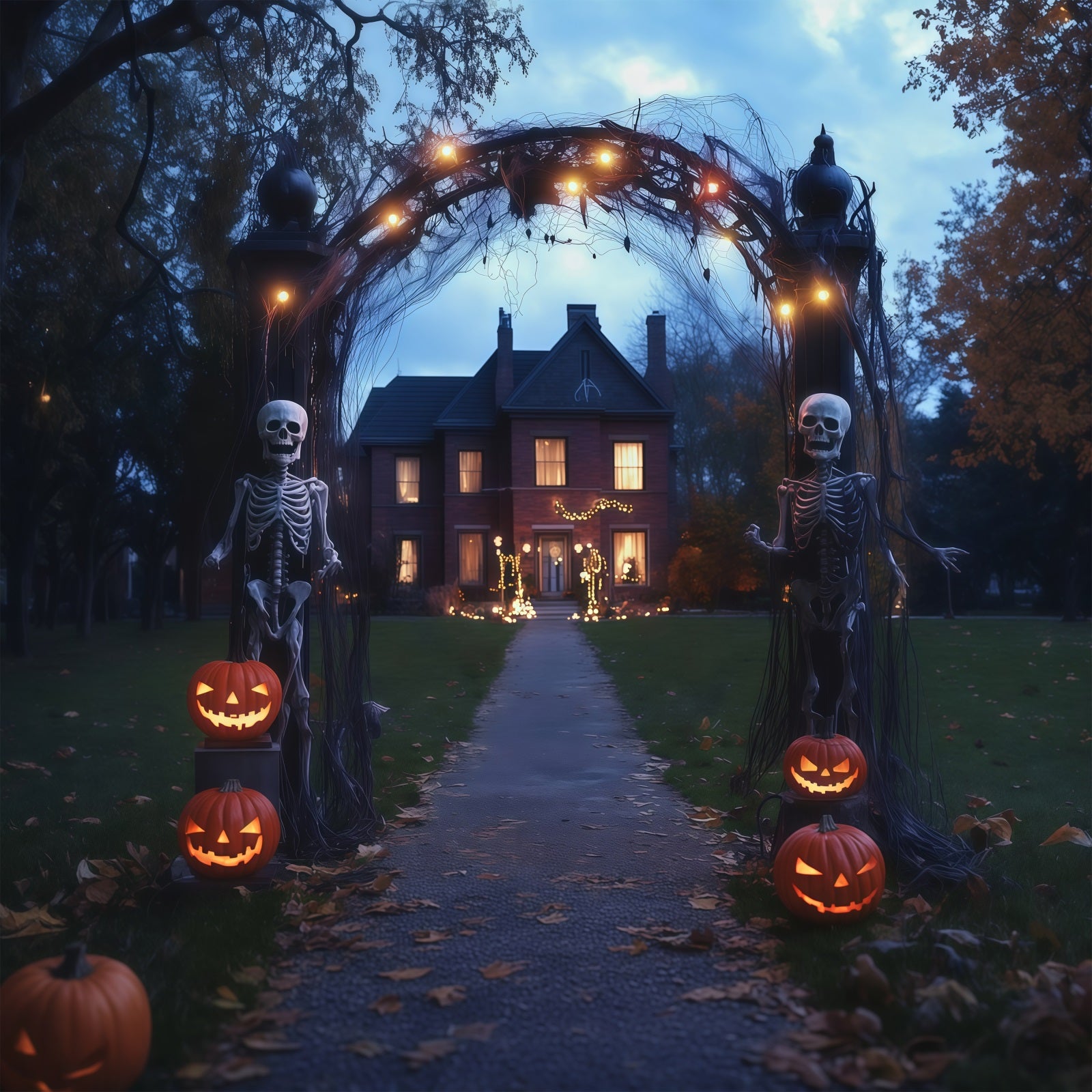 Fabric Halloween Backdrop Skeleton Arch Pumpkin Path Halloween Backdrop For Pictures RR67-129
