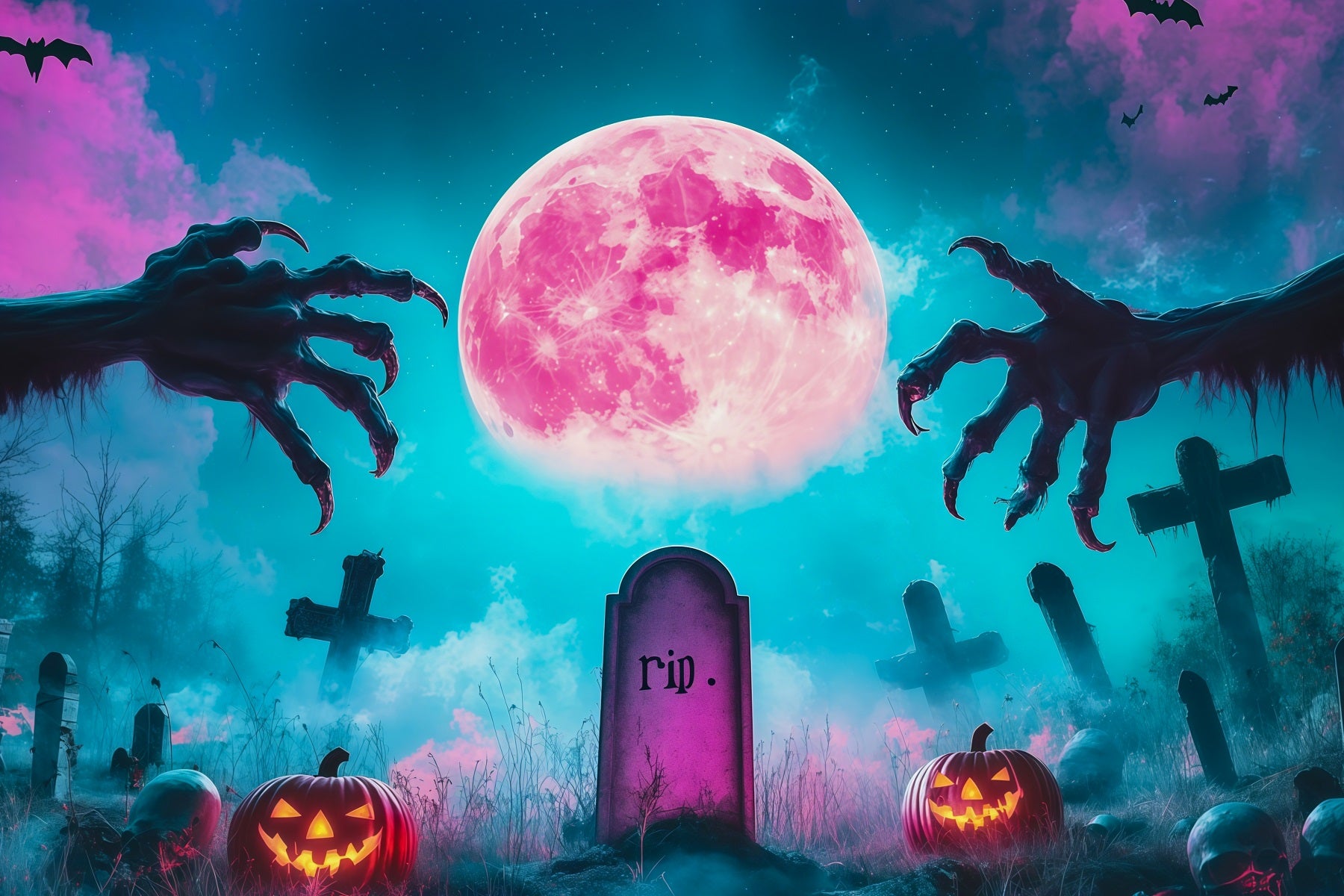 Custom Halloween Backdrop Pink Moon Graveyard Claws Halloween Graveyard Backdrop RR67-14