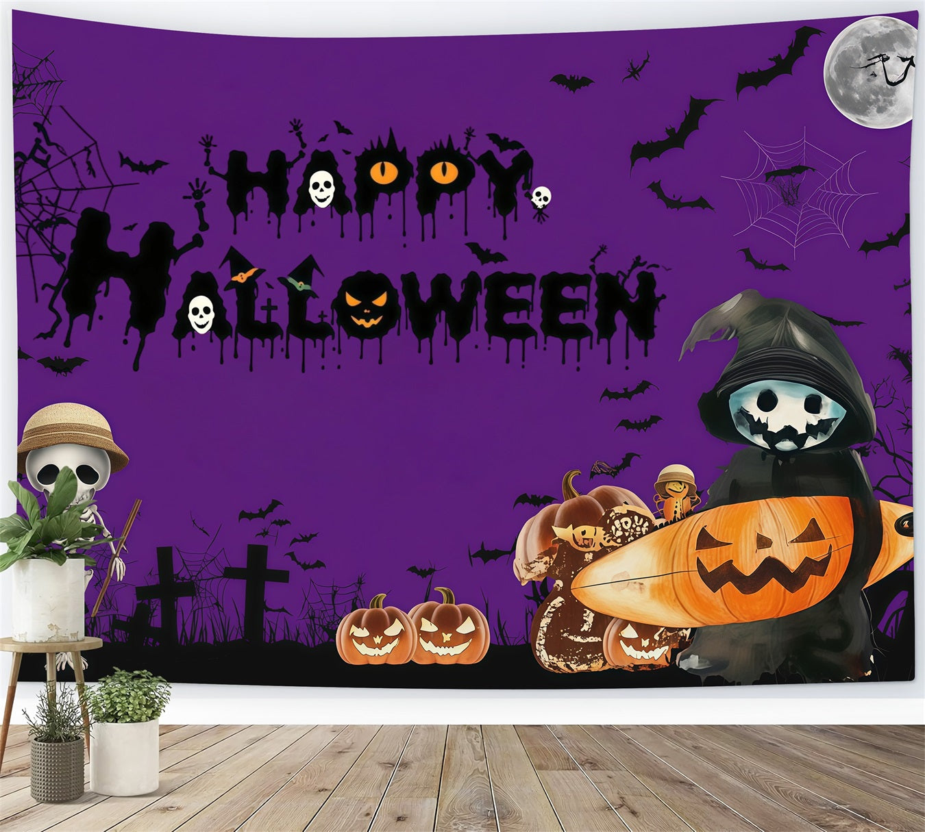 Photo Booth Halloween Backdrop Ideas Purple Skeleton Pumpkin Night Halloween Picture Backdrop RR67-15