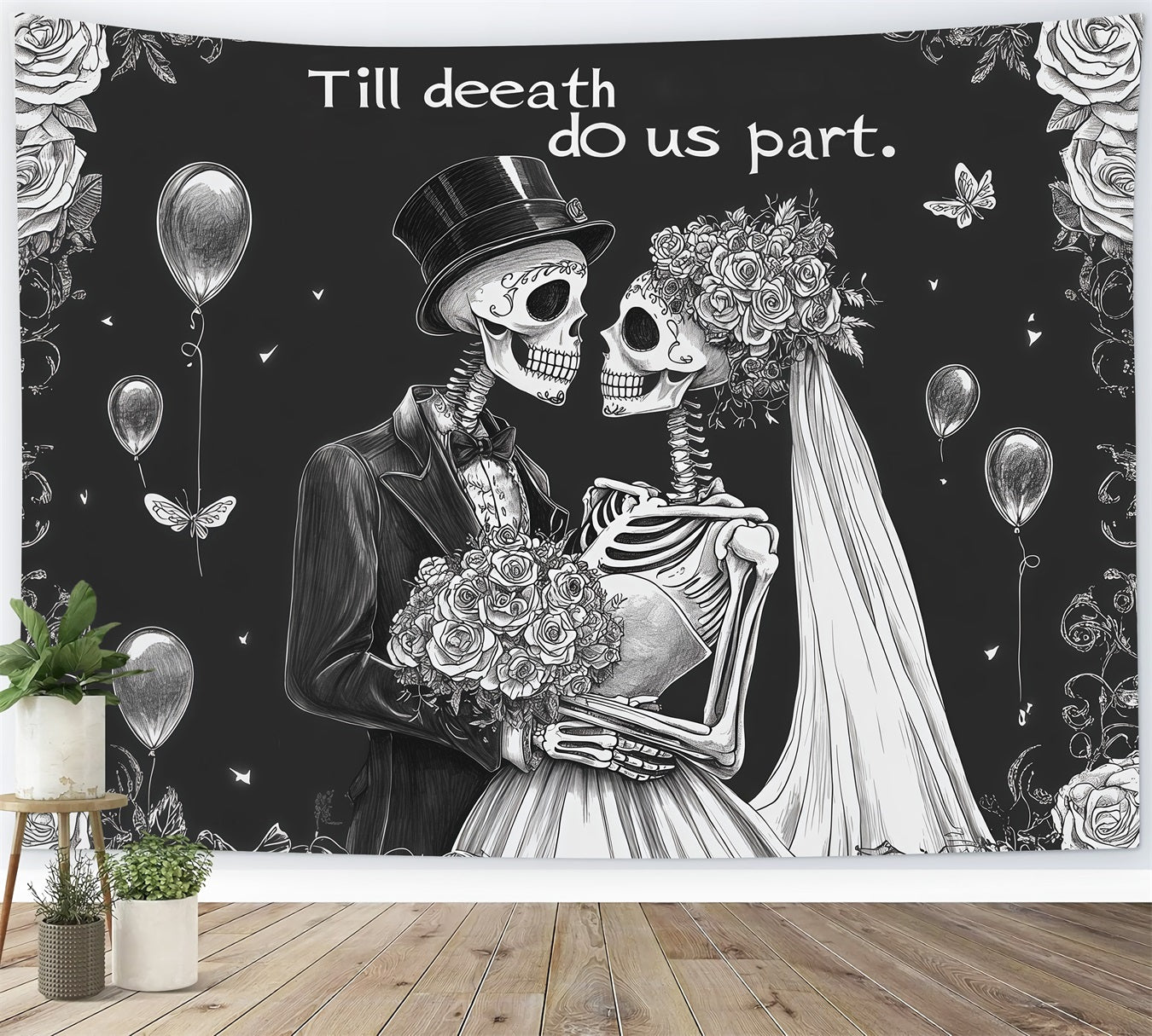 Halloween Wedding Backdrop Skeleton Rose Couple Halloween Photo Backdrop RR67-152
