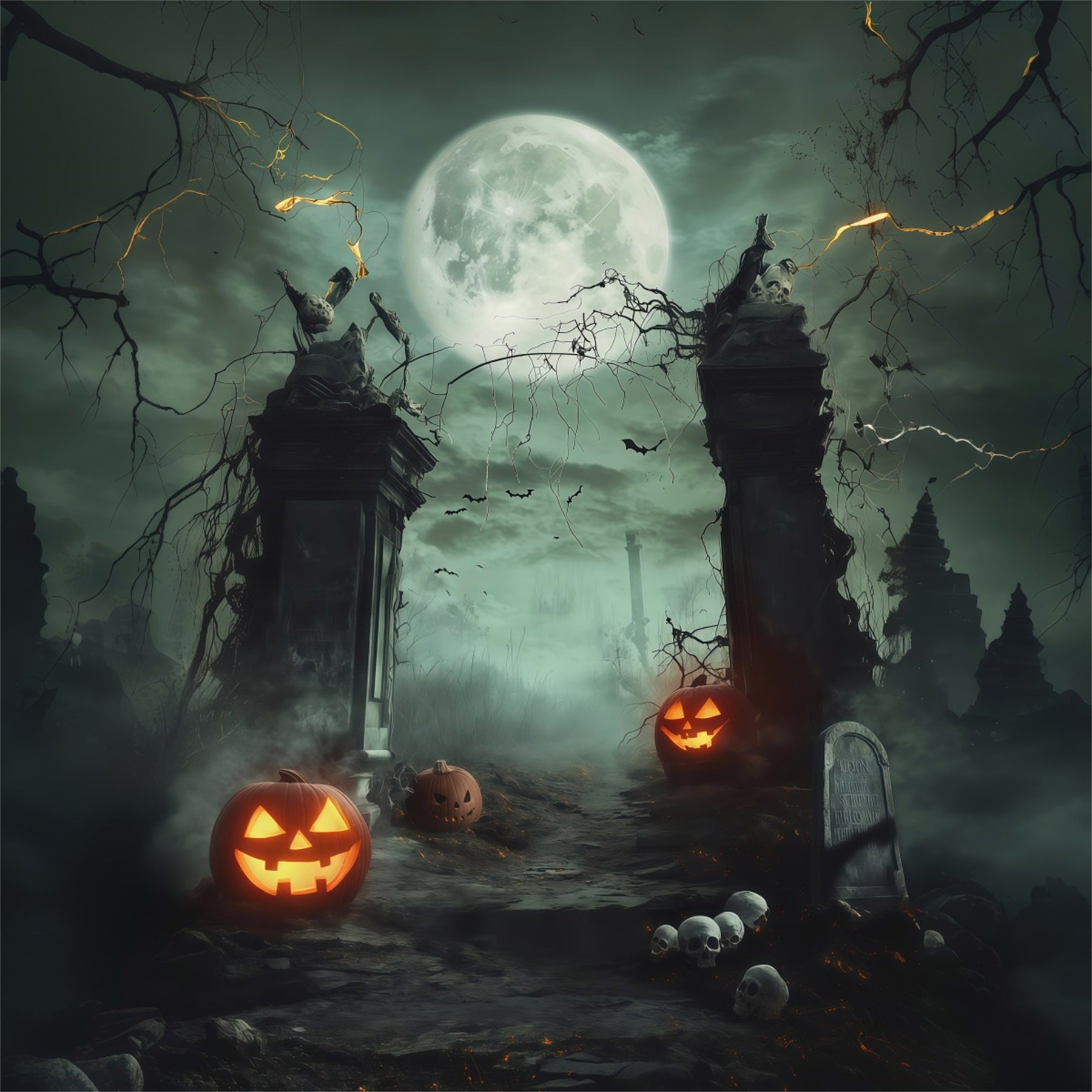 Halloween Themed Backdrops Moonlit Skull Pumpkin Gateway Halloween Backdrop Ideas RR67-154