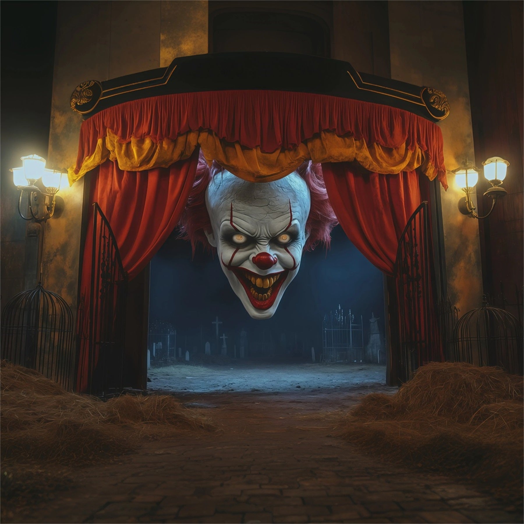 Scary Clown Backdrop Sinister Theater Entrance Empty Tomb Backdrop RR67-161