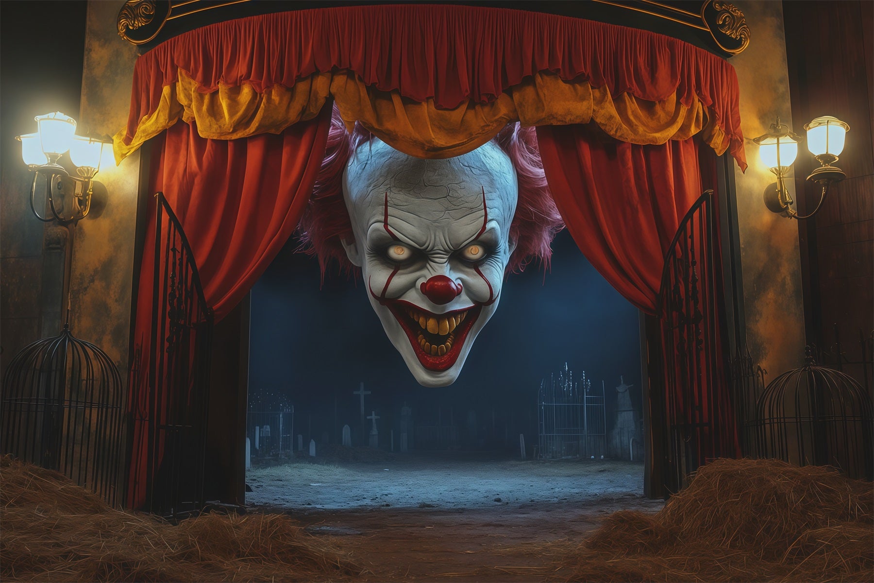 Scary Clown Backdrop Sinister Theater Entrance Empty Tomb Backdrop RR67-161