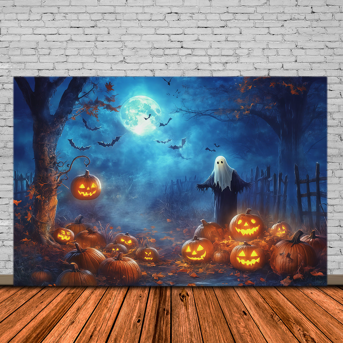 Pumpkin Patch Halloween Backdrop Moonlit Ghost Forest Halloween Outdoor Backdrop RR67-177
