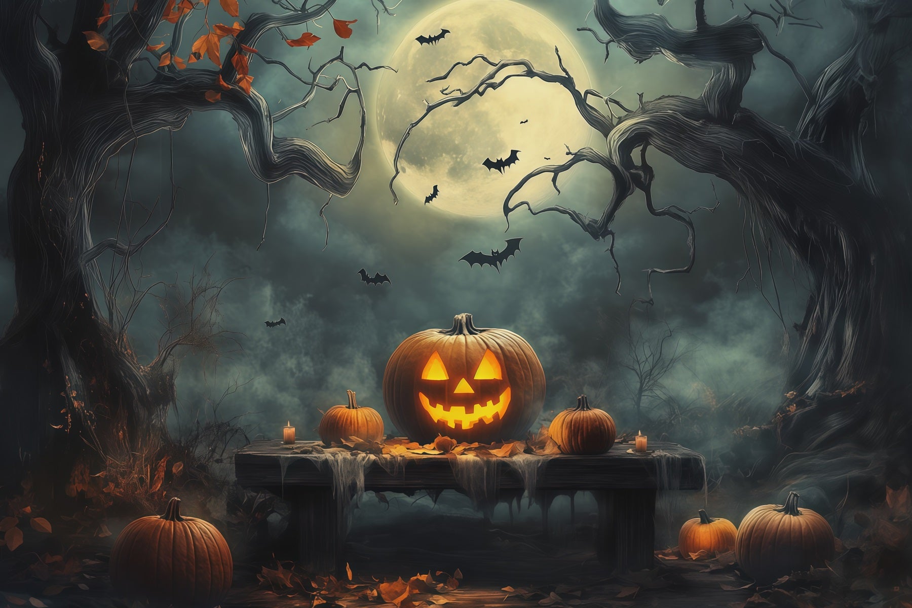 Halloween Backdrop With Pumpkins Moonlit Forest Table Photo Booth Halloween Backdrop Ideas RR67-180