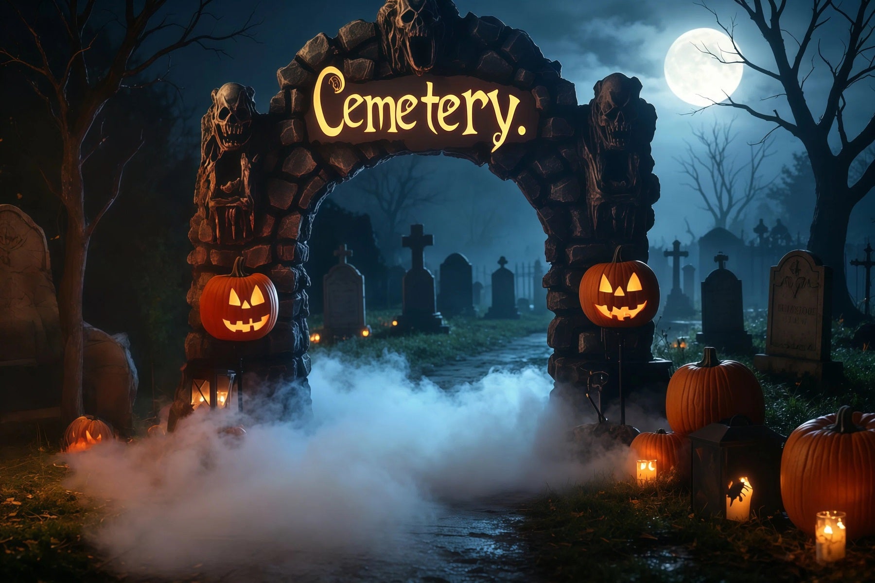 Halloween Cardboard Backdrops Foggy Graveyard Arch Pumpkins Halloween Photography Backdrop RR67-19