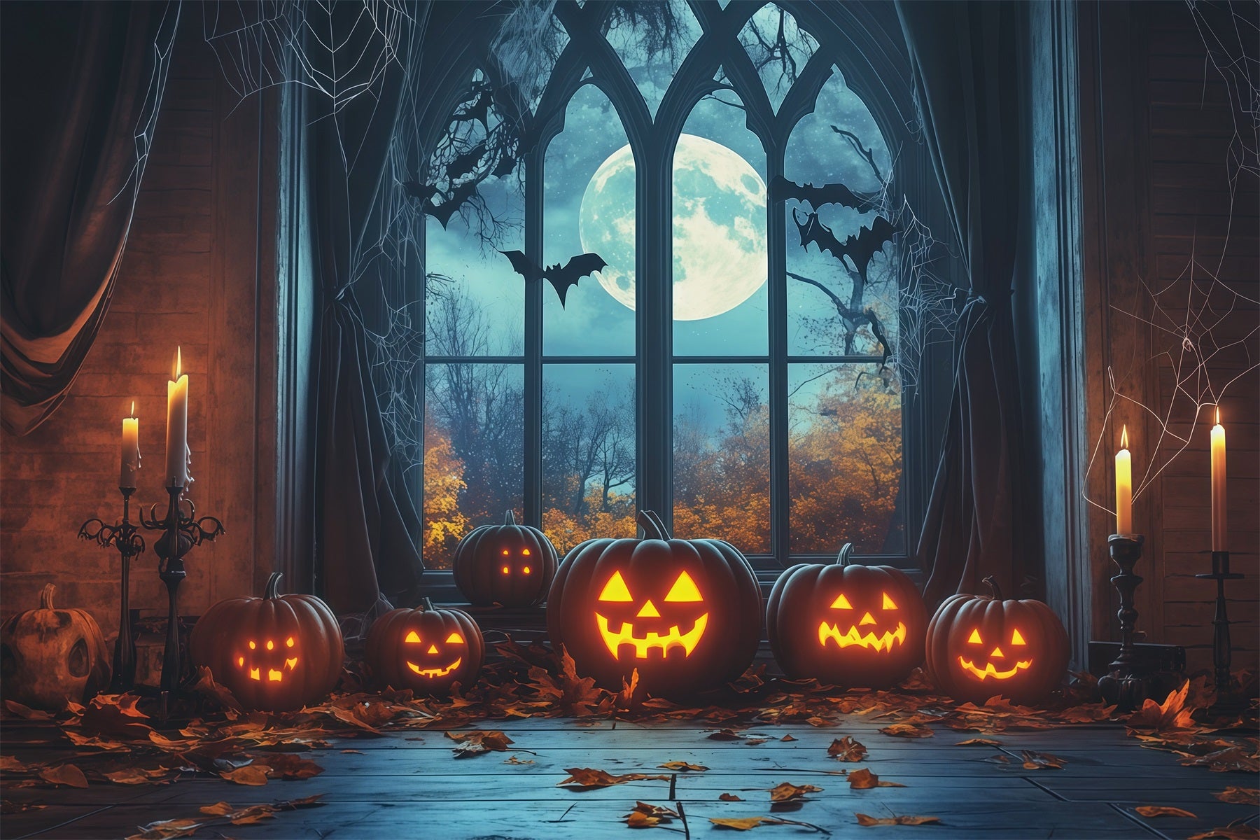 Halloween Backdrop Window Gothic Moonlit Pumpkin Halloween Arch Backdrop RR67-195